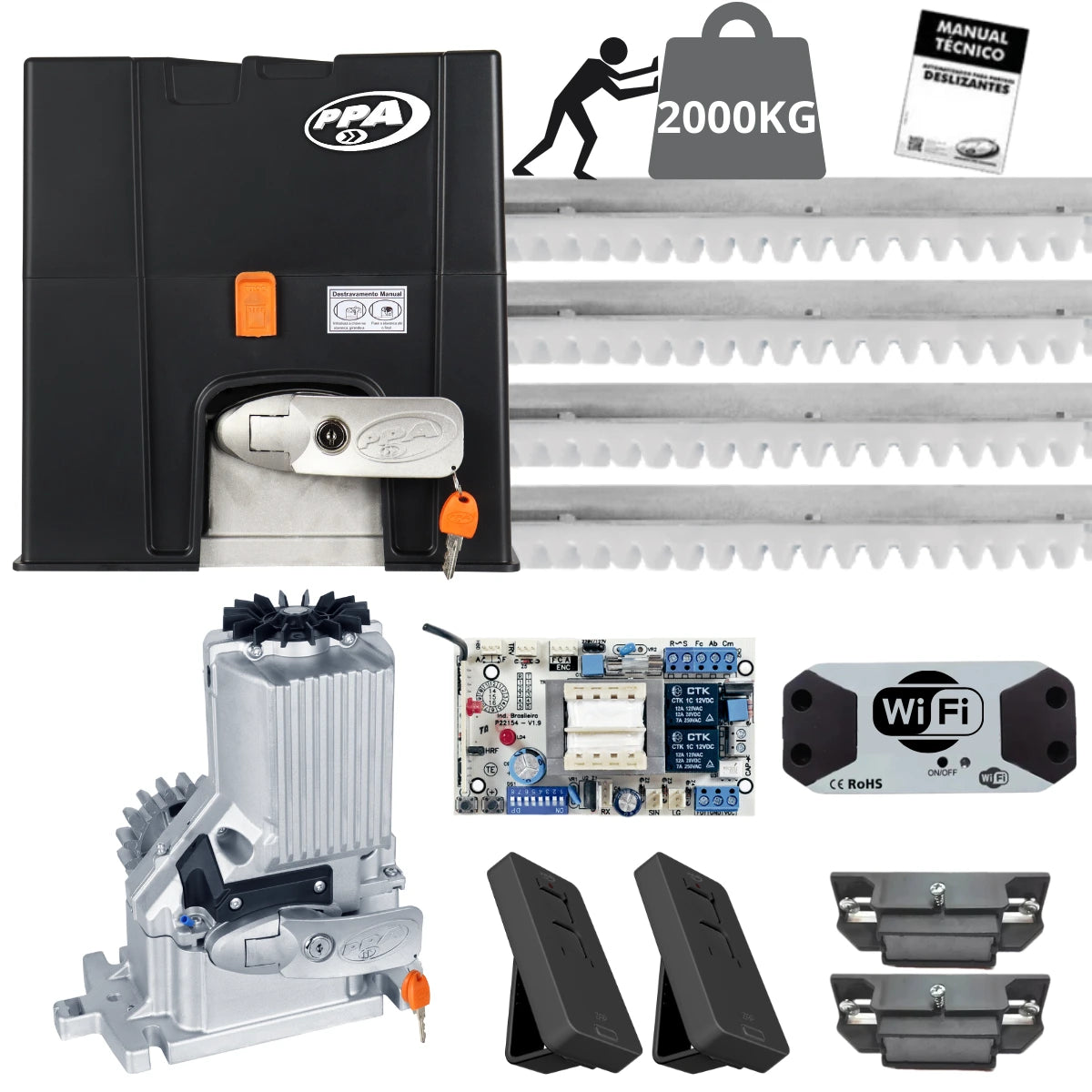 Kit Motor PPA DZ Euros 2000 Monofásico para portones corredizos, capacidad de 2000 kg. Incluye central eléctrica, controles remotos, manual y modulo Wifi.