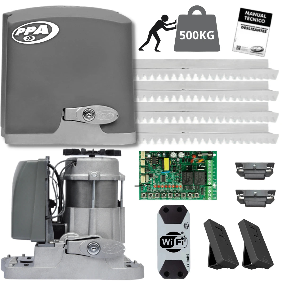 Kit Motor PPA DZ Rio 500 Monofásico para portones corredizos, capacidad de 500 kg. Incluye central eléctrica, controles remotos, manual y modulo Wifi.