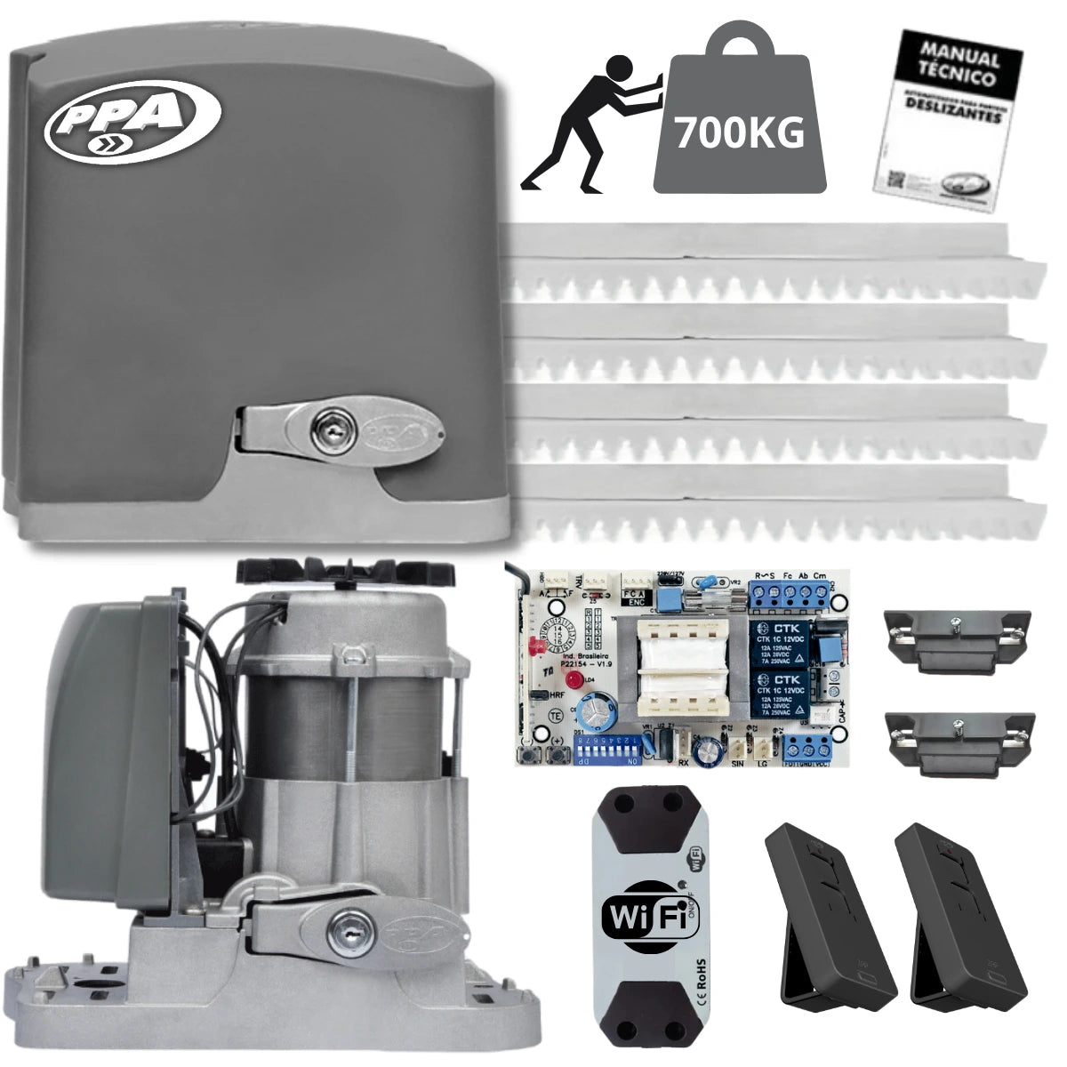 Kit de Motor PPA DZ Rio 700 Monofásico para portones corredizos, capacidad de 700 kg. Incluye central eléctrica, controles remotos, manual y modulo Wifi.
