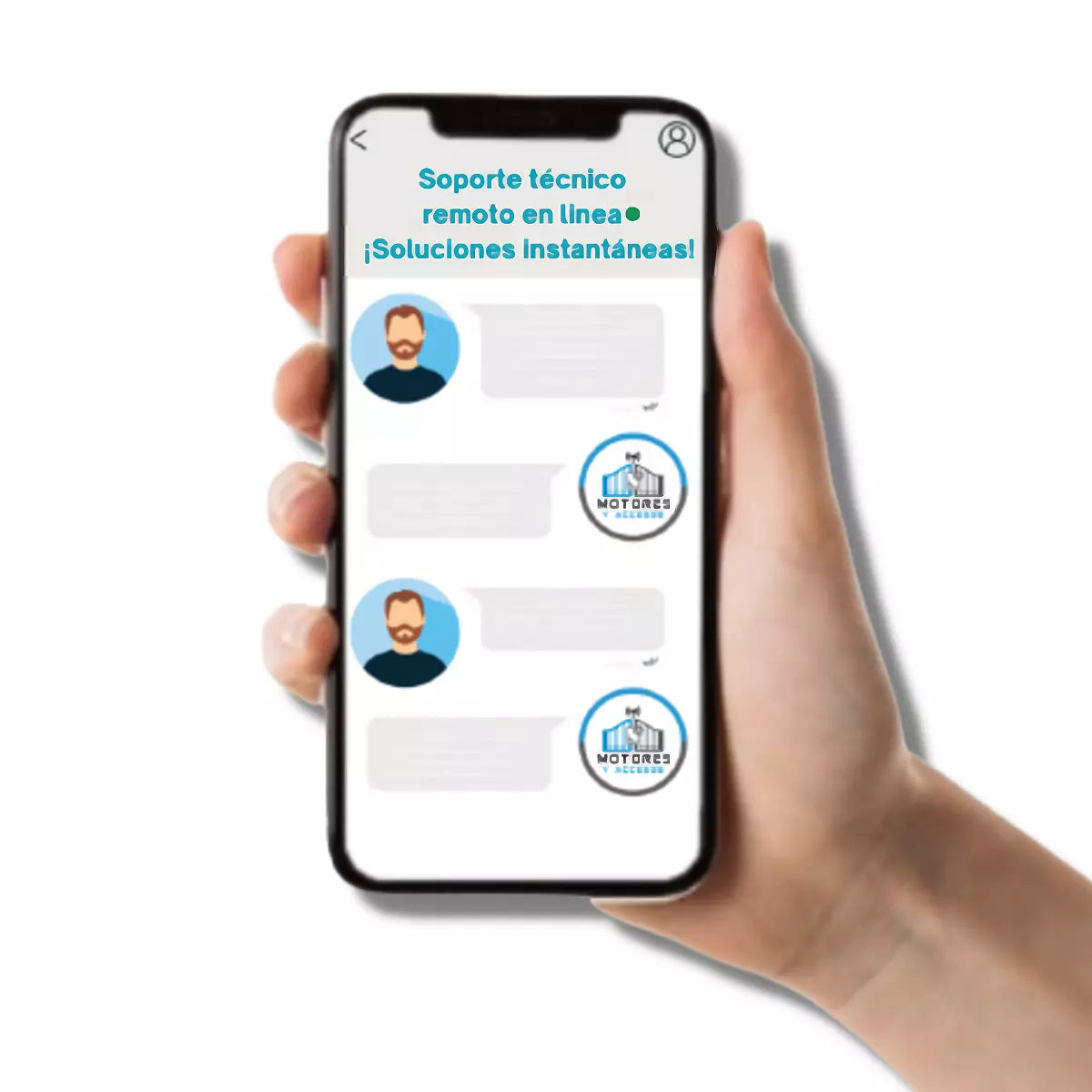Soporte técnico de Motores y Accesos mostrado en un teléfono móvil para asistencia en automatización de portones.