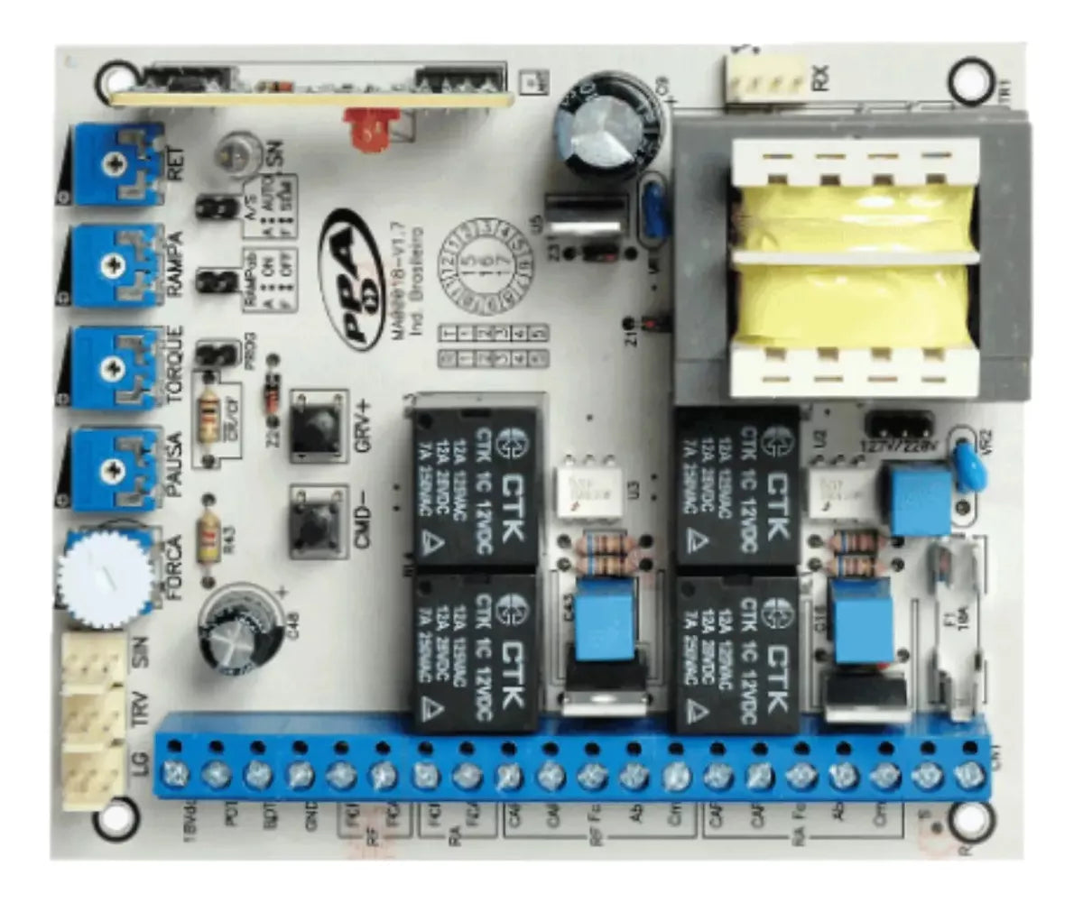 Central eléctrica PPA Dupla 5T para automatización de portones, compatible con motores deslizantes y batientes.
