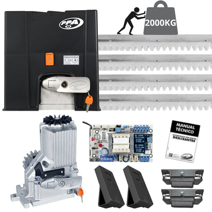 Kit Motor PPA DZ Euros 2000 Monofásico para portones corredizos, capacidad de 2000 kg. Incluye central eléctrica, controles remotos y manual.