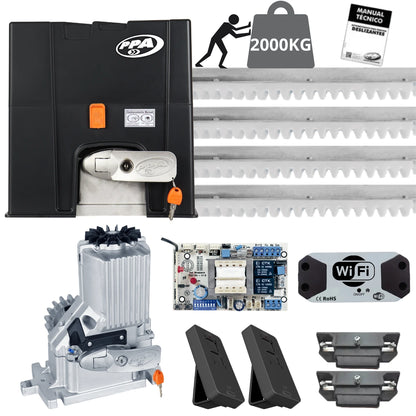 Kit Motor PPA DZ Euros 2000 Monofásico para portones corredizos, capacidad de 2000 kg. Incluye central eléctrica, controles remotos, manual y modulo Wifi.