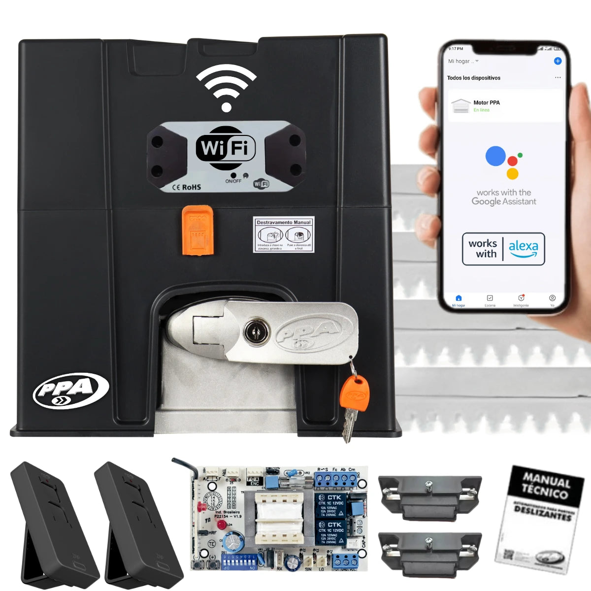 Motor PPA DZ Euros 2000 Monofásico para portones corredizos, capacidad de 2000 kg, con la inclusión de modulo Wifi.