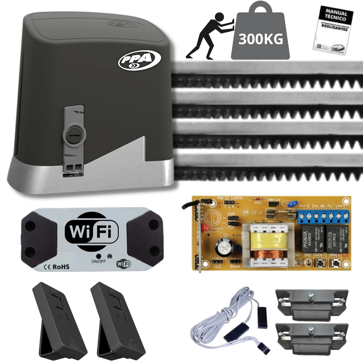 Kit Motor PPA DZ Home 300 Monofásico para portones corredizos, capacidad de 300 kg. Incluye central eléctrica, controles remotos, manual y modulo Wifi.