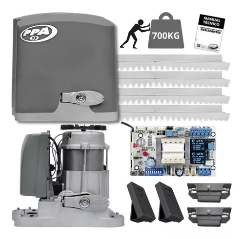 Kit Motor PPA DZ Rio 700 Monofásico para portones corredizos, capacidad de 700 kg. Incluye central eléctrica, controles remotos y manual.