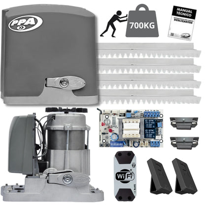 Kit de Motor PPA DZ Rio 700 Monofásico para portones corredizos, capacidad de 700 kg. Incluye central eléctrica, controles remotos, manual y modulo Wifi.