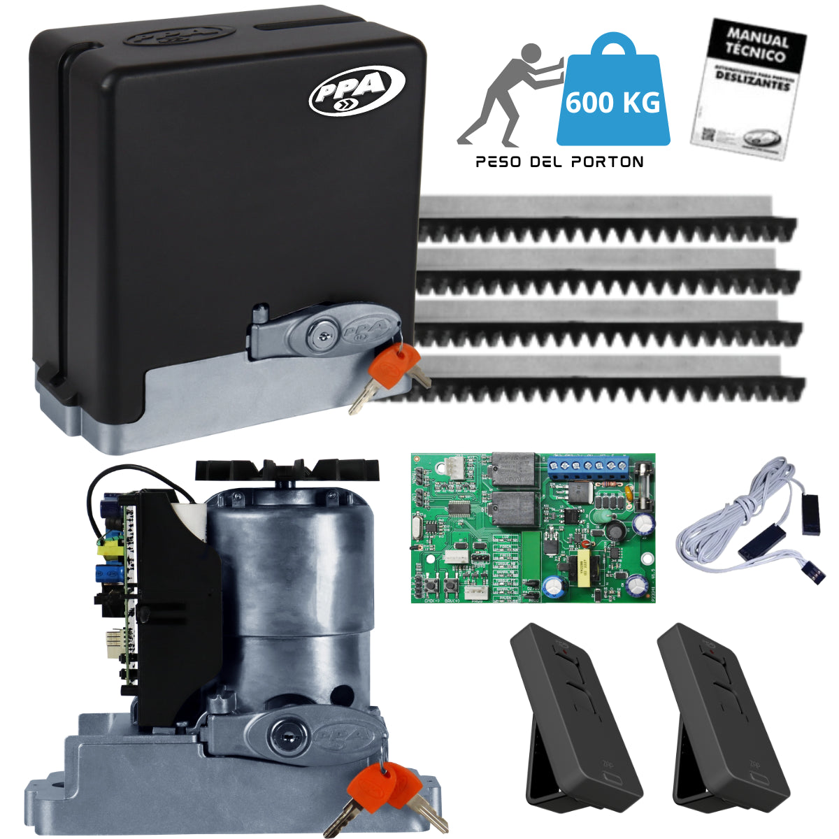 Kit Motor PPA DZ Stark 600 Monofásico para portones corredizos, capacidad de 600 kg. Incluye central eléctrica, controles remotos y manual.