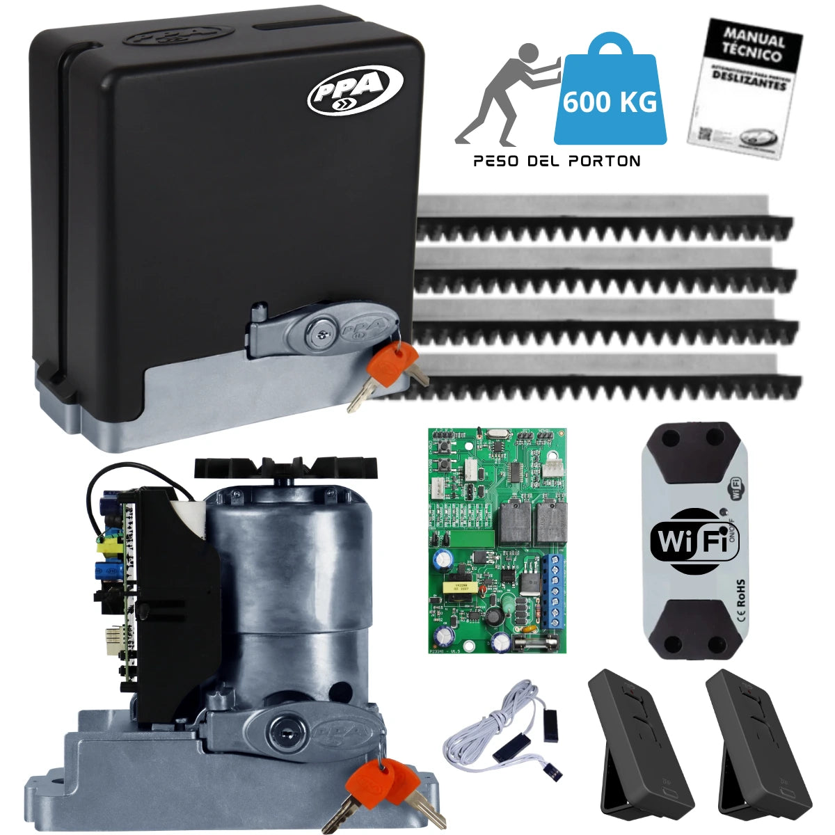 Kit Motor PPA DZ Stark 600 Monofásico para portones corredizos, capacidad de 600 kg. Incluye central eléctrica, controles remotos, manual y modulo Wifi.