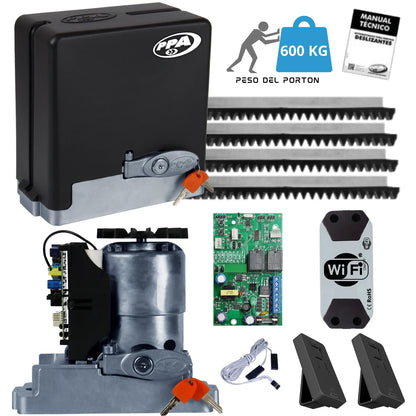 Kit Motor PPA DZ Stark 600 Monofásico para portones corredizos, capacidad de 600 kg. Incluye central eléctrica, controles remotos, manual y modulo Wifi.