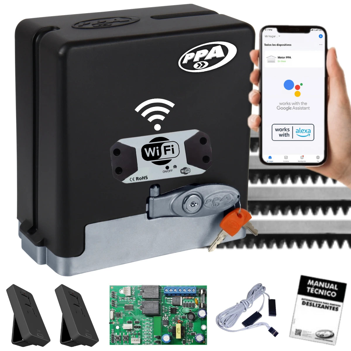 Motor PPA DZ Stark 600 Monofásico para portones corredizos, capacidad de 600 kg, con la inclusión de modulo Wifi.