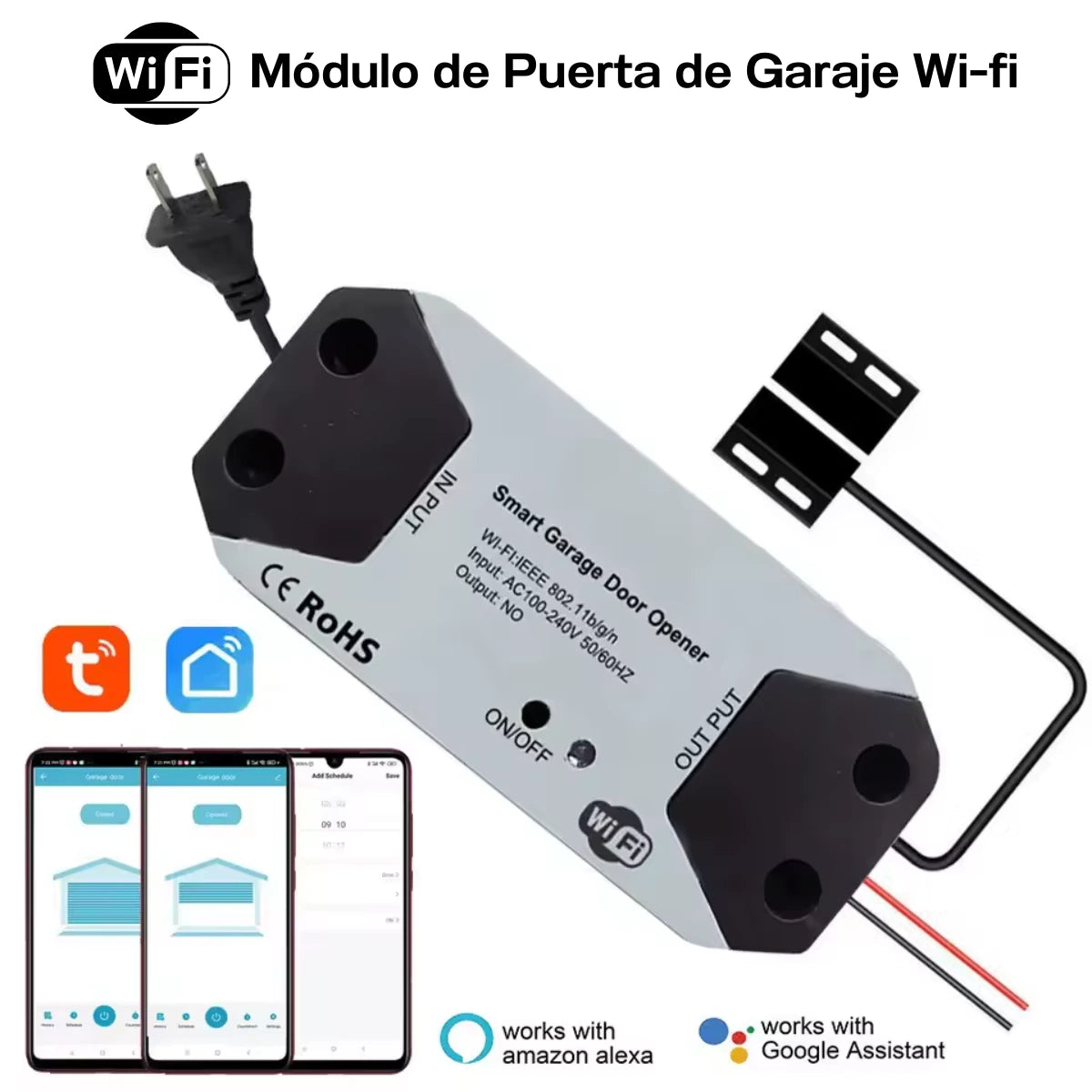 Módulo WiFi para automatización de portones, compatible con Alexa y Google Assistant para control por voz y aplicaciones móviles