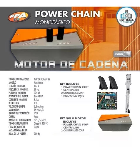 Power Chain Motor Ppa Levadizo 200kg Con Riel De 3 Mts